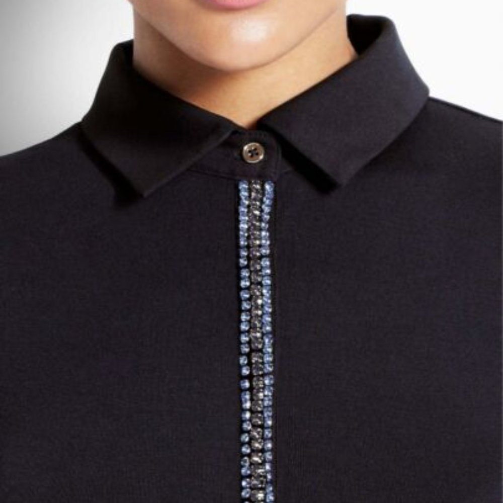 NWT Ann Taylor Jeweled Short Sleeve Polo Navy Blue - Picture 2 of 2